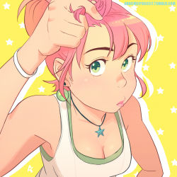 Rule 34 | 1girl, annie mei, annie mei project, bracelet, breasts, caleb thomas, cleavage, earrings, eyebrows, green eyes, jewelry, lips, necklace, pink hair, solo, star (symbol), upper body, yellow background