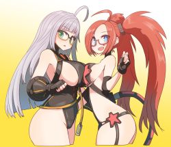 Rule 34 | 2girls, ahoge, ass, asymmetrical docking, bare shoulders, black gloves, blue eyes, blunt bangs, blush, breast press, breasts, cable, fingerless gloves, glasses, gloves, gradient background, green eyes, highres, large breasts, leotard, long hair, looking at viewer, mary lucy, multiple girls, open mouth, red-framed eyewear, red hair, sarah o&#039;connell, semi-rimless eyewear, sideboob, silver hair, simple background, smashing the battle, smile, star-shaped pupils, star (symbol), sumiyao (amam), symbol-shaped pupils, twintails, under-rim eyewear