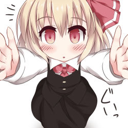 Rule 34 | 1girl, :o, black dress, blonde hair, blush, carry me, dress, from above, hair ribbon, looking at viewer, outstretched arms, razy (skuroko), red eyes, ribbon, rumia, short hair, solo, touhou