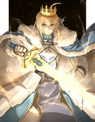 Rule 34 | 1girl, ahoge, armor, armored dress, artoria pendragon (all), artoria pendragon (fate), bad id, bad pixiv id, blonde hair, cape, crown, excalibur (fate/stay night), fate/grand order, fate/stay night, fate (series), fur-trimmed cape, fur trim, gauntlets, glowing, glowing sword, glowing weapon, green eyes, highres, kankan33333, saber (fate), smile, solo, weapon
