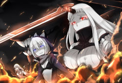 Rule 34 | 10s, 3girls, abyssal ship, ayyh, bad id, bad pixiv id, breasts, covered erect nipples, fire, glowing, glowing eyes, grin, highres, hood, hooded jacket, horns, huge breasts, jacket, kantai collection, monster, multiple girls, pale skin, purple eyes, re-class battleship, red eyes, scarf, seaport princess, single horn, small breasts, smile, smoke, ta-class battleship, white hair
