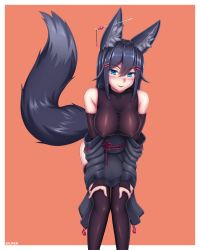 Rule 34 | 1girl, absurdres, animal ears, artist name, bare shoulders, black gloves, black hair, black thighhighs, blue eyes, blush, borrowed character, breasts, bridal gauntlets, cleavage, covered collarbone, covered erect nipples, ear piercing, elbow gloves, fang, fox ears, fox tail, gloves, hair between eyes, hair ornament, hairclip, highres, kiri (sub-res), large breasts, leaning forward, long hair, looking at viewer, original, parted lips, piercing, simple background, solo, tail, thighhighs, wlper