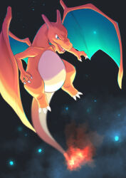 Rule 34 | absurdres, amazumi, blue eyes, charizard, claws, commentary request, creatures (company), fangs, fire, flame-tipped tail, game freak, gen 1 pokemon, highres, looking down, night, nintendo, no humans, outdoors, pokemon, pokemon (creature), solo