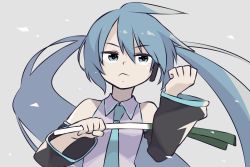 Rule 34 | 1girl, blue eyes, blue hair, detached sleeves, grey background, hatsune miku, headphones, icon 315, long hair, necktie, simple background, sleeveless, solo, spring onion, twintails, upper body, vocaloid