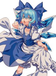 Rule 34 | 1girl, adapted costume, apron, apron hold, arm up, bad id, bad twitter id, bloomers, blue bow, blue choker, blue eyes, blue footwear, blue hair, boots, bow, choker, cirno, collarbone, hair bow, highres, ice, ice wings, knee boots, looking at viewer, manarou, open mouth, puffy short sleeves, puffy sleeves, short hair, short sleeves, simple background, solo, touhou, underwear, white background, wings