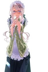 Rule 34 | 1girl, absurdres, apron, blue eyes, blush, breasts, female focus, glasses, hair ornament, hairclip, highres, japanese clothes, kimono, large breasts, long hair, looking at viewer, maid, maid apron, mole, mole under mouth, original, purple eyes, sakuya tsuitachi, silver hair, solo, steepled fingers, wa maid, white background, yukata