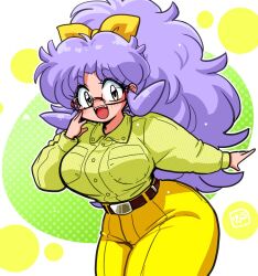 Rule 34 | 1990s (style), 1girl, abstract background, arm behind back, belt, big hair, bow, breast pocket, breasts, buttons, collared shirt, cowboy shot, curvy, glasses, green shirt, hair bow, hand on own face, high-waist pants, large breasts, leaning forward, long hair, looking at viewer, multicolored eyes, nevaeh clark, open mouth, pants, pocket, polka dot, purple eyes, purple hair, red-framed eyewear, retro artstyle, semi-rimless eyewear, shirt, shirt tucked in, sidelocks, solo, susume! ashitabara gakuen, thick thighs, thighs, wanta (futoshi), wavy hair, wide hips, yellow bow, yellow eyes, yellow pants