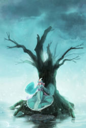 Rule 34 | 1girl, alternate hair length, alternate hairstyle, bare tree, cloud, cloudy sky, dress, female focus, floating, hat, highres, japanese clothes, kimono, light particles, long hair, long sleeves, looking at viewer, mob cap, nature, no mouth, obi, outdoors, pink hair, plant, red eyes, reflection, ripples, saigyouji yuyuko, sandals, sash, sky, solo, tabi, touhou, tree, triangular headpiece, veil, water, white legwear, wide sleeves, xi ri, zouri