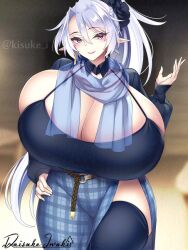 Rule 34 | 1girl, belt, black thighhighs, blue scarf, breasts, cleavage, clothing cutout, ears down, elf, female focus, gigantic breasts, hand on own hip, head tilt, hip vent, kisuke i, long hair, looking at viewer, pointy ears, red eyes, scarf, see-through, side cutout, skindentation, solo, thick thighs, thighhighs, thighs, very long hair, white hair, wide hips