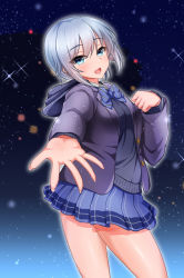 Rule 34 | 1girl, :d, blue bow, blue eyes, blue skirt, bow, hand up, hood, hood down, jacket, long sleeves, looking at viewer, open mouth, original, otomore (shashaki), outstretched hand, short hair, silver hair, simple background, skirt, smile, solo, taw (t765p)