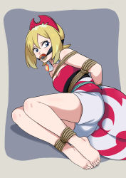 Rule 34 | 1girl, absurdres, anklet, arms behind back, ball gag, barefoot, bdsm, blonde hair, blue eyes, bondage, bound, bound ankles, bound arms, bound wrists, breasts, cleavage, collar, collarbone, creatures (company), feet, gag, gagged, game freak, hair between eyes, hair ornament, highres, improvised gag, irida (pokemon), jewelry, legs, looking to the side, lost one zero, nintendo, poke ball, poke ball (legends), pokemon, pokemon legends: arceus, rope, toenails, toes