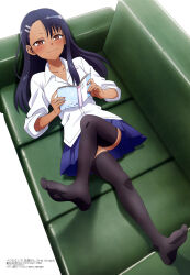 Rule 34 | 1girl, absurdres, black thighhighs, blush, book, couch, crossed legs, feet, female focus, full body, hair ornament, hairclip, highres, holding, holding book, ijiranaide nagatoro-san, long hair, looking at viewer, lying, magazine scan, megami magazine, nagatoro hayase, nail polish, official art, on back, on couch, pleated skirt, scan, school uniform, shirt, skirt, smile, solo, tan, thighhighs, thighs, white shirt