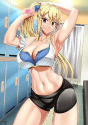 Rule 34 | blonde hair, breasts, brown eyes, castell, colored skin, fairy tail, hand tattoo, highres, large breasts, locker, locker room, lucy heartfilia, side ponytail, smile, tattoo, white skin, wide hips