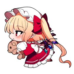Rule 34 | 1girl, blonde hair, blush, closed mouth, crystal, flandre scarlet, frilled skirt, frills, full body, hat, long hair, mob cap, one side up, pointy ears, puffy short sleeves, puffy sleeves, red eyes, red footwear, red skirt, red vest, shirt, shoes, short sleeves, simple background, skirt, socks, solo, stuffed animal, stuffed toy, teddy bear, touhou, vest, white background, white hat, white shirt, white socks, wings, you (noanoamoemoe)