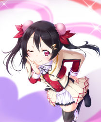 Rule 34 | 10s, 1girl, ;), black hair, blush, boots, bow, hair bow, hand on own hip, looking at viewer, love live!, love live! school idol project, one eye closed, open mouth, red eyes, satou kuuki, short hair, smile, solo, sore wa bokutachi no kiseki, twintails, yazawa nico