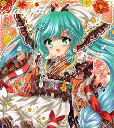 Rule 34 | 1girl, :d, apron, aqua hair, blue flower, bow, commentary request, egg (food), embellished costume, flower, food, fork hair ornament, frilled apron, frilled bow, frilled kimono, frills, green eyes, hair bow, hair ornament, hatsune miku, japanese clothes, kimono, long hair, long sleeves, looking at viewer, lotus root, marker (medium), musical note, open mouth, orange kimono, pink flower, red flower, rui (sugar3), sample watermark, sidelocks, smile, snowflakes, solo, spoon hair ornament, traditional media, twintails, vocaloid, watermark, white apron, wide sleeves, yellow flower, yuki miku, yuki miku (2024)