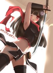 Rule 34 | 1girl, ;o, arm guards, armpits, black hair, black shirt, black thighhighs, blush, breasts, commentary request, dutch angle, flower, glint, hair flower, hair ornament, highres, holding, holding sword, holding weapon, katana, long hair, looking at viewer, medium breasts, navel, ninja, non (wednesday-classic), one eye closed, original, parted lips, pelvic curtain, red eyes, red scarf, scarf, sheath, shirt, sleeveless, sleeveless shirt, solo, sword, thighhighs, torn clothes, torn scarf, unsheathing, very long hair, weapon, white background, white flower