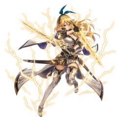 Rule 34 | 1girl, black gloves, blonde hair, blue eyes, boots, breasts, cape, cleavage, cryptract, dual wielding, electricity, full body, gloves, holding, holding sword, holding weapon, lightning, long hair, medium breasts, official art, sasha, sheath, simple background, skirt, sleeves past wrists, solo, sword, thigh boots, thighhighs, weapon, white background