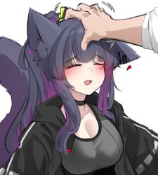 Rule 34 | 1girl, 1other, ^ ^, animal ears, arknights, black choker, black hair, cat ears, choker, closed eyes, commentary request, grey shirt, headpat, heart, highres, jacket, jessica (arknights), k0ng, multicolored hair, open clothes, open jacket, open mouth, purple hair, shirt, simple background, solo focus, streaked hair, upper body, white background