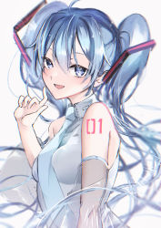 Rule 34 | 1girl, :d, arm tattoo, blouse, blue eyes, blue hair, blue necktie, blush, collared shirt, detached sleeves, floating hair, grey sleeves, hair between eyes, hatsune miku, highres, long hair, looking at viewer, necktie, open mouth, saksak mocchiri, see-through, see-through sleeves, shirt, sleeveless, sleeveless shirt, smile, solo, tattoo, twintails, upper body, very long hair, vocaloid, white background, white shirt, wing collar