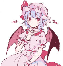 Rule 34 | 1girl, alternate eye color, animal, back bow, bat (animal), bat wings, belt, blush, bow, buttons, collared shirt, commentary request, dress, fingernails, flying, frills, hand up, hat, hat ribbon, jewelry, long fingernails, looking at viewer, lowres, mob cap, mozukuzu (manukedori), nail polish, necklace, open mouth, pink belt, pink bow, pink dress, pink eyes, pink hat, pink nails, pink ribbon, puffy short sleeves, puffy sleeves, purple hair, remilia scarlet, ribbon, shirt, short hair, short sleeves, simple background, solo, standing, touhou, white background, wings, wrist cuffs
