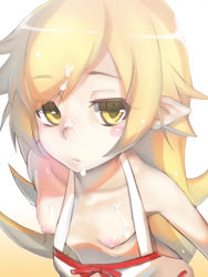 Rule 34 | 1girl, :&lt;, blonde hair, breasts, cum, cum on body, cum on breasts, cum on upper body, downblouse, facial, long hair, looking at viewer, monogatari (series), nipples, oshino shinobu, pointy ears, rbx lamen, simple background, small breasts, solo, suggestive fluid, white background, yellow eyes