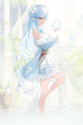 Rule 34 | 1girl, bare shoulders, blue coat, blue hair, braid, coat, creature, elf, flower, frilled skirt, frills, from side, fur-trimmed coat, fur trim, hair flower, hair ornament, half updo, hat, holding, holding creature, hololive, hurybone, long hair, multicolored hair, pointy ears, profile, skirt, solo, standing, standing on one leg, streaked hair, very long hair, virtual youtuber, yellow eyes, yukihana lamy, yukimin (yukihana lamy)