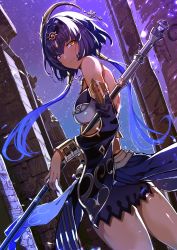 Rule 34 | 1girl, absurdres, bare shoulders, blue eyes, blue hair, breasts, candace (genshin impact), dark-skinned female, dark skin, detached sleeves, egyptian clothes, genshin impact, hair ornament, hairband, heterochromia, highres, holding, holding weapon, jewelry, large breasts, long hair, looking at viewer, looking back, medium breasts, nail polish, night, sas (ls08b), short hair with long locks, sidelocks, solo, thighs, weapon, wrist cuffs, yellow eyes