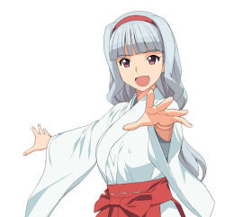 Rule 34 | 1girl, a1 (initial-g), armpit peek, female focus, foreshortening, hairband, idolmaster, idolmaster (classic), japanese clothes, miko, red eyes, shijou takane, silver hair, simple background, smile, solo, white background