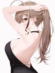 Rule 34 | 1girl, adjusting hair, ahoge, alternate costume, alternate hairstyle, armpits, arms up, backless dress, backless outfit, bare back, bare shoulders, black dress, black hair, breasts, brown hair, deyui, dress, earrings, from behind, hair ornament, hairpin, highres, hololive, hololive english, jewelry, large breasts, long hair, looking at viewer, looking back, multicolored hair, nanashi mumei, profile, sideboob, sidelocks, simple background, sleeveless, sleeveless dress, solo, streaked hair, upper body, virtual youtuber, white background, white hair, wristband, yellow eyes