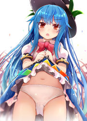 Rule 34 | 1girl, :o, blue hair, blue skirt, blush, bow, clothes lift, cowboy shot, efe, food, frilled skirt, frills, fruit, hat, highres, hinanawi tenshi, lifted by self, long hair, looking at viewer, panties, peach, puffy short sleeves, puffy sleeves, red bow, red eyes, shirt, short sleeves, simple background, skirt, skirt lift, solo, standing, sweatdrop, touhou, underwear, white panties, white shirt
