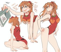 Rule 34 | absurdres, all fours, ass, barefoot, breasts, feet, hair between eyes, highres, legs, long hair, manga (object), medium breasts, neon genesis evangelion, netapai1, one-piece swimsuit, open mouth, orange hair, plugsuit, red one-piece swimsuit, shiny skin, simple background, smile, souryuu asuka langley, swimsuit, teeth, toes, upper teeth only, variations, wedgie, white background