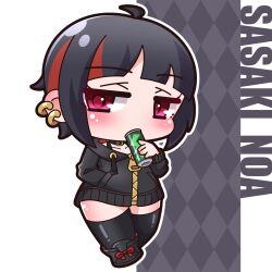 Rule 34 | 1girl, absurdres, ahoge, argyle, argyle background, black collar, black footwear, black hair, black jacket, black thighhighs, blush, boots, can, chibi, collar, collarbone, commentary request, covered mouth, drawstring, ear piercing, full body, grey background, hand in pocket, highres, holding, holding can, hood, hood down, hooded jacket, jacket, lightning bolt symbol, looking at viewer, multicolored hair, original, outline, piercing, purple eyes, red hair, saishosaisekojo, solo, standing, streaked hair, thighhighs, thighhighs under boots, white background, white outline
