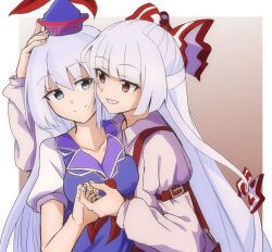 Rule 34 | 2girls, blue dress, blue eyes, blue hair, blue headwear, blunt bangs, blush, bow, breasts, closed mouth, collarbone, collared shirt, couple, dress, fingernails, fujiwara no mokou, hair bow, hand on another&#039;s head, holding hands, kamishirasawa keine, large breasts, light blue hair, long hair, long sleeves, looking at another, multiple girls, puffy short sleeves, puffy sleeves, red eyes, shinmon akika, shirt, short sleeves, smile, suspenders, touhou, two-tone bow, upper body, white shirt, wing collar, yuri