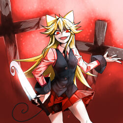 Rule 34 | 1girl, :d, animal ears, black nails, black necktie, black vest, blonde hair, breasts, buttons, collared shirt, commentary, cowboy shot, cross, crucifix, evil smile, eyes visible through hair, fangs, fingernails, funamusea, hair between eyes, hand on own hip, holding, holding knife, holding weapon, karadborg, knife, long hair, long sleeves, looking at viewer, medium breasts, miniskirt, moge-ko, mogeko castle, necktie, open hand, open mouth, pleated skirt, red background, red eyes, red skirt, shirt, sidelocks, simple background, skirt, slit pupils, smile, solo, standing, tail, very long hair, vest, weapon