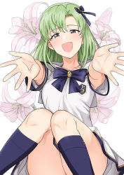 Rule 34 | 1girl, :d, blue bow, blue bowtie, blue socks, blush, bow, bowtie, collarbone, commentary request, emblem, feet out of frame, floral background, flower, foreshortening, green hair, grey eyes, hair between eyes, hair bow, highres, idolmaster, idolmaster (classic), idolmaster stella stage, kneehighs, knees together feet apart, long hair, looking at viewer, miniskirt, mole, mole under eye, open mouth, outstretched arms, parted bangs, pink flower, reaching, reaching towards viewer, sailor collar, school uniform, serafuku, shiika (idolmaster), shirt, short sleeves, sitting, skirt, smile, socks, solo, tsurui, white background, white sailor collar, white shirt, white skirt