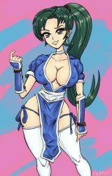 Rule 34 | 1girl, breasts, cleavage, cosplay, crossover, dead or alive, earrings, covered erect nipples, female focus, fire emblem, fire emblem: rekka no ken, green eyes, green hair, jewelry, kasumi (doa), kasumi (doa) (cosplay), large breasts, long hair, looking at viewer, lyn (fire emblem), matching hair/eyes, naughty face, nintendo, no bra, no panties, ponytail, redfoil, revealing clothes, seductive smile, smile, solo, tagme, thighhighs