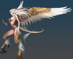 Rule 34 | 1girl, breasts, brown eyes, feathered wings, female focus, fingernails, griffin, harpy, head wings, long hair, long tail, monster girl, original, personification, sharp fingernails, solo, tail, talons, tyutii, underboob, white hair, wings