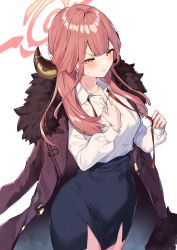 Rule 34 | 1girl, aru (blue archive), black skirt, blue archive, blush, breasts, closed mouth, coat, coat on shoulders, collared shirt, commentary request, eyes visible through hair, fur collar, halo, highres, horns, itohana, long hair, long sleeves, neck ribbon, pink hair, red coat, red ribbon, ribbon, shirt, shirt tucked in, simple background, skirt, solo, sweat, white background, white shirt, yellow eyes
