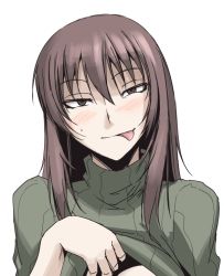 Rule 34 | 1girl, blush, brown eyes, brown hair, clothes lift, hetza (hellshock), long hair, ribbed sweater, shirt lift, simple background, solo, sweater, tongue, turtleneck, white background