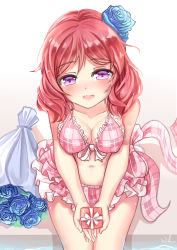 Rule 34 | 1girl, :d, absurdres, artist name, bare arms, bare shoulders, bikini, bikini skirt, blue flower, blue rose, blush, bouquet, box, breasts, cleavage, collarbone, crying, crying with eyes open, flower, frilled bikini, frills, front-tie bikini top, front-tie top, gift, gift box, hair flower, hair ornament, happy, happy tears, highres, holding, holding gift, love live!, love live! school idol festival, love live! school idol project, medium breasts, medium hair, navel, nishikino maki, open mouth, pink bikini, plaid, plaid bikini, purple eyes, red hair, ribbon, rose, round teeth, sitting, smile, soaking feet, solo, stomach, streaming tears, swimsuit, tears, teeth, thighs, two-handed, water, white ribbon, wuhuo