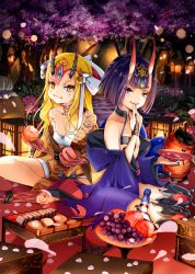 Rule 34 | 2girls, bare shoulders, beads, bento, blonde hair, bob cut, bottle, box, cherry blossoms, claws, collarbone, commentary request, covering own mouth, cup, eating, facial mark, fangs, fate/grand order, fate (series), fingerless gloves, flower, food, forest, fruit, gem, gloves, grapes, hair ornament, hanami, highres, holding, holding food, holding fruit, hopper, horns, ibaraki douji (fate), indian style, japanese clothes, kimono, lantern, lens flare, long hair, looking at viewer, multiple girls, nature, night, off shoulder, oni, outdoors, paper lantern, parted lips, peach, petals, plate, purple eyes, purple hair, sakazuki, short hair, shuten douji (fate), sitting, skin-covered horns, slit pupils, smirk, thighhighs, tiger stripes, tree, yellow eyes, yokozuwari