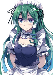 Rule 34 | 1girl, arms behind back, blue eyes, blush, breasts, cleavage, e.o., female focus, frills, frog, frog hair ornament, green hair, hair ornament, hair tubes, highres, kochiya sanae, long hair, looking at viewer, maid, maid headdress, medium breasts, short sleeves, simple background, snake, snake hair ornament, solo, touhou, upper body, white background