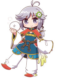 Rule 34 | 1girl, antenna hair, baozi, blue jacket, blush, closed mouth, flower, food, full body, grey eyes, hair flaps, hair flower, hair ornament, highres, holding, holding food, jacket, long sleeves, low ponytail, naga u, panda hair ornament, pants, ponytail, red footwear, rune factory, rune factory 4, shoes, silver hair, simple background, sleeves past wrists, smile, solo, standing, standing on one leg, white background, white flower, white pants, wide sleeves, xiao pai