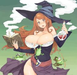 Rule 34 | bare shoulders, blue ribbon, blush, book, breasts, brown eyes, brown hair, cleavage, collarbone, detached sleeves, dragon&#039;s crown, dress, dwarf (dragon&#039;s crown), elf (dragon&#039;s crown), fighter (dragon&#039;s crown), flask, frog, green background, hat, hat ribbon, highres, hip focus, huge breasts, long hair, looking down, open book, open mouth, purple skirt, ribbon, round-bottom flask, sash, skirt, sorceress (dragon&#039;s crown), steam, strapless, strapless dress, transformation, whoosaku, witch hat
