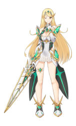 Rule 34 | 1girl, armor, bare shoulders, blonde hair, breasts, cleavage, dress, gloves, headgear, highres, jewelry, large breasts, long hair, looking at viewer, mythra (xenoblade), nintendo, one eye closed, saruno (eyesonly712), simple background, smile, solo, sword, thigh strap, weapon, white background, xenoblade chronicles (series), xenoblade chronicles 2, xenoblade chronicles (series), xenoblade chronicles 2, yellow eyes
