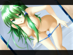 Rule 34 | 1girl, 7ban, bad id, bad pixiv id, bent over, blue panties, breasts, censored, cleavage, convenient censoring, frog hair ornament, green eyes, green hair, hair censor, hair ornament, hair over breasts, kochiya sanae, large breasts, letterboxed, long hair, looking at viewer, matching hair/eyes, no pants, panties, solo, topless, touhou, underwear, undressing