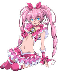 Rule 34 | 1girl, blue eyes, breasts, brooch, choker, cure melody, frilled skirt, frills, hairband, hand under clothes, highres, houjou hibiki, jewelry, long hair, looking to the side, magical girl, midriff, navel, open mouth, pink hair, pink skirt, precure, sena monaco, simple background, skirt, solo, suite precure, thighhighs, twintails, underboob, white background