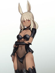 Rule 34 | 1girl, :/, animal ears, arm at side, arm under breasts, blunt bangs, breasts, choker, cowboy shot, dark-skinned female, dark skin, final fantasy, final fantasy xiv, grey hair, houtengeki, looking at viewer, medium breasts, medium hair, navel, pelvic curtain, rabbit ears, red eyes, revealing clothes, see-through, simple background, solo, thighhighs, twintails, vambraces, viera, warrior of light (ff14), white background