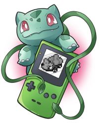 Rule 34 | artist request, bulbasaur, creatures (company), fangs, game boy, game boy (original), game freak, gen 1 pokemon, handheld game console, holding, looking at viewer, nintendo, no humans, pixelated, plant, pokemon, pokemon (creature), pokemon rgby, red eyes, screen, simple background, source request, vine whip, vines, white background